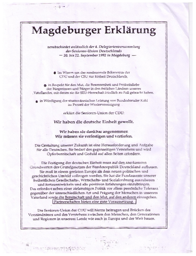 Aus dem Archiv des Redakteurs. Dieses Papier machte damals in den Ortsgruppen der Senioren-Union die Runde; es trug zur Positionsbestimmung bei und ermutigte zu politischem Handeln.